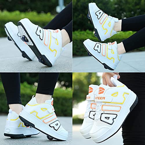 HANHJ Ruedas Zapatos Niños Ligeros Rodillos Zapatos con Ruedas Zapatillas Patinetas Cómodas para Niños Niños Adultos Jóvenes con Botones Ajustables Zapatillas Deporte,White-38