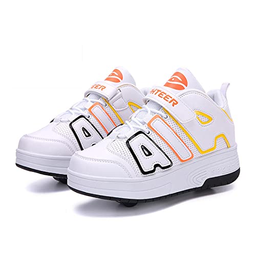 HANHJ Ruedas Zapatos Niños Ligeros Rodillos Zapatos con Ruedas Zapatillas Patinetas Cómodas para Niños Niños Adultos Jóvenes con Botones Ajustables Zapatillas Deporte,White-38