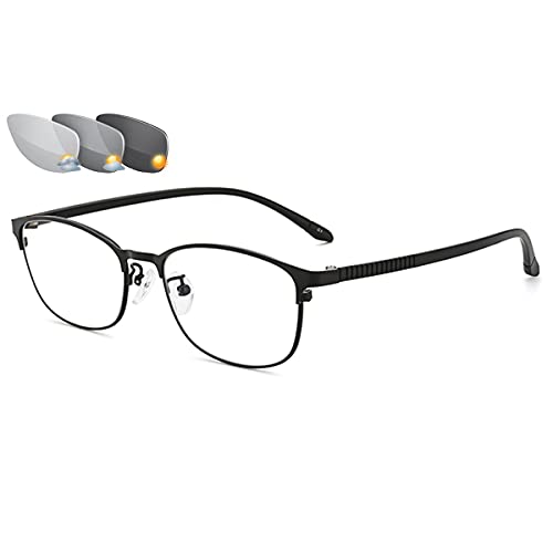 HAOXUAN Gafas de Lectura fotocromáticas Unisex, Lector de Marco de aleación multifocal Progresivo, Gafas de Sol para Exteriores, dioptrías de +1,0 a +3,0,Black Gray,+2.50