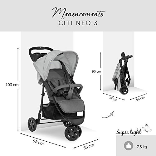 Hauck Citi Neo 3 de hasta 25 kg, silla de paseo, respaldo reclinable desde el nacimiento, plegado pequeño, plegar con una sola mano, 3 ruedas, ultraligero - solo 7,5 kg, portavasos - gris (311271)
