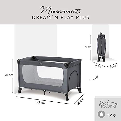 Hauck Cuna de Viaje Dream N Play Plus / para Bebes y Niños de Nacimiento hasta 15 kg / 120 x 60 cm / Entrada Lateral / Plegable / Compacta / Bolsa de Transporte / Gris