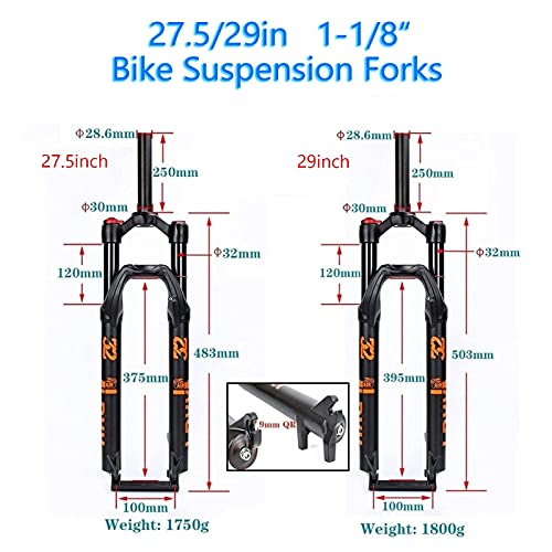 HCJGZ Horquilla De Suspensión De Bicicleta De 27,5 Y 29 Pulgadas MTB, Horquilla Delantera De Bicicleta con Presión De Aire De Suspensión MTB, Tubo De Dirección Sin Rosca De 28,6 Mm