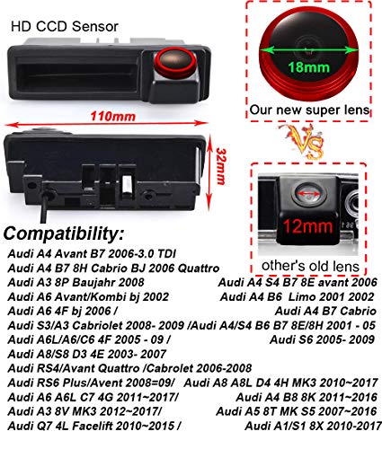 HD 720P Cámara de Visión Trasera Visión Nocturna Impermeable Coche Cámara de Marcha atrás para Audi A3 8P Baujahr A4 Avant A6 4F Q7 4L Facelift A1 8X A5 8T MK S5 A8 A8L D4 4H MK3 RS6 Plus