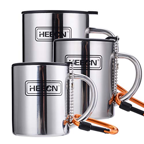 HEECN- Taza de camping acero inoxidable con tapa y mosquetón, sin bisfenol A, senderismo, trekking HESS-038BBK 300ml