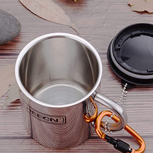 HEECN- Taza de camping acero inoxidable con tapa y mosquetón, sin bisfenol A, senderismo, trekking HESS-038BBK 300ml