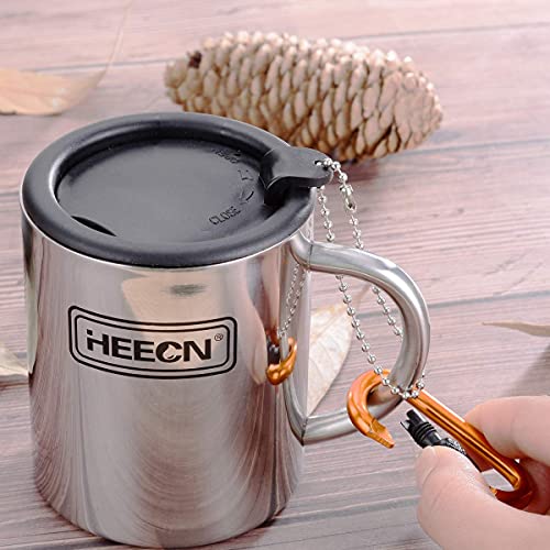 HEECN- Taza de camping acero inoxidable con tapa y mosquetón, sin bisfenol A, senderismo, trekking HESS-038BBK 300ml