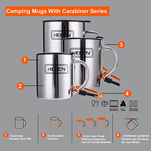 HEECN- Taza de camping acero inoxidable con tapa y mosquetón, sin bisfenol A, senderismo, trekking HESS-038BBK 300ml