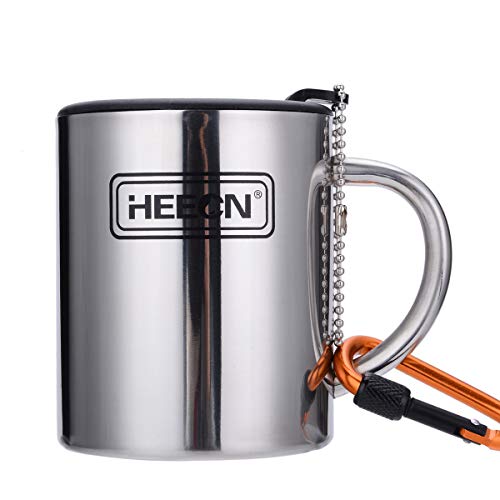 HEECN- Taza de camping acero inoxidable con tapa y mosquetón, sin bisfenol A, senderismo, trekking HESS-038BBK 300ml