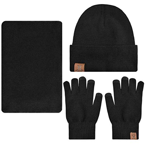 heekpek Bufanda Gorro Guantes para Hombre Invierno Regalos para Hombre Mujer Unisexo Set de Bufanda Conjunto de Guantes de Punto BufaSombrero de Invierno Gorras Con Bufanda (Negro)