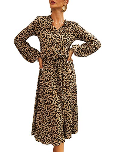 HenzWorld Vestido de Leopardo para Mujer Manga de Campana con Cordón Cintura Elegante Vestido Holgado con Cuello en V Bohemio Vestidos Casuales Marrón Talla XL