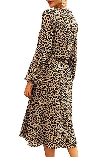 HenzWorld Vestido de Leopardo para Mujer Manga de Campana con Cordón Cintura Elegante Vestido Holgado con Cuello en V Bohemio Vestidos Casuales Marrón Talla XL