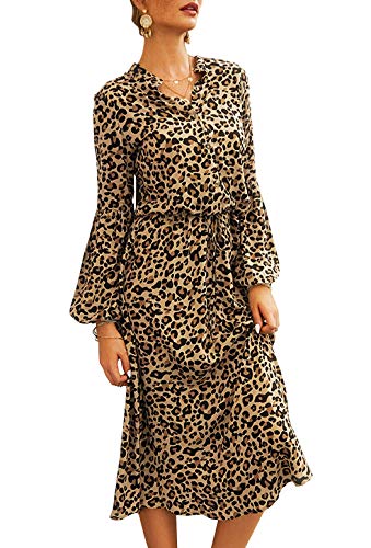 HenzWorld Vestido de Leopardo para Mujer Manga de Campana con Cordón Cintura Elegante Vestido Holgado con Cuello en V Bohemio Vestidos Casuales Marrón Talla XL