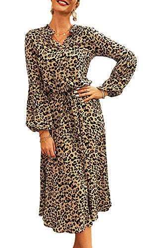 HenzWorld Vestido de Leopardo para Mujer Manga de Campana con Cordón Cintura Elegante Vestido Holgado con Cuello en V Bohemio Vestidos Casuales Marrón Talla XL