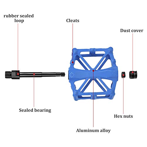 Herefun Pedales Bicicleta de Montaña, Pedal de Bicicleta Aleación de Aluminio Antideslizante Durable, Pedales Bicicleta 9/16 Pulgadas para MTB, BMX, Bicicleta Urbana, Bicicleta de Carretera (Azul)