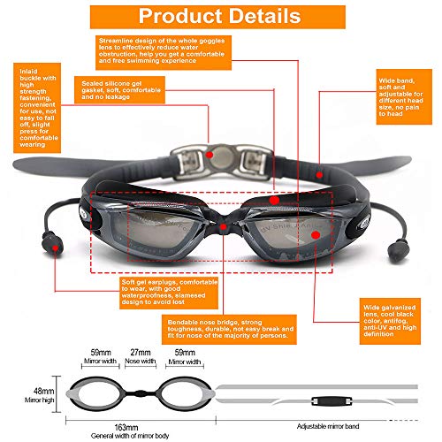 Hersvin Gafas de Natación de Miopía (0 a -8.0) Anti-UV Antivaho con Puente Nasal Extraíble, Tapones para Los Oídos Siameses para Adultos Hombres Mujeres Niños (Negro, -2.5)