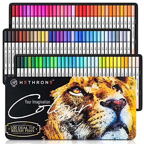 Hethrone Rotuladores Punta Pincel 100 Color Rotuladores Doble Punta Acuarelables Profesionales, Dual Tip Brush Pen para Adultos Caligrafía, Lettering, Bocetos, Dibujo