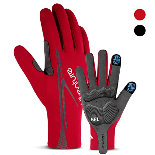 HIKENTURE Guantes de ciclismo para hombre y mujer, para bicicleta de montaña, guantes de verano, para bicicleta de carreras, mountain bike, descenso, guantes largos, para pantalla táctil, Red-L