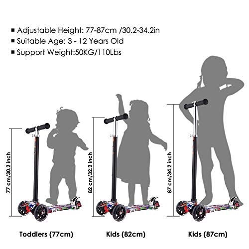 Hikole Patinete de 3 Ruedas,Patinete Niños con Luces y Manillar Ajustable en Altura para Niñas y Niños de 3 a 12 Años