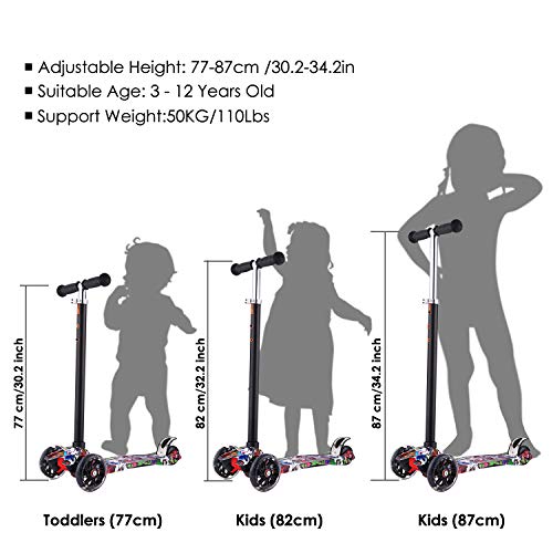 Hikole Patinete de 3 Ruedas,Patinete Niños con Luces y Manillar Ajustable en Altura para Niñas y Niños de 3 a 12 Años