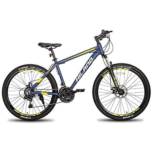 HILAND Bicicleta de montaña con Ruedas de radios de 26 Pulgadas, Marco de Aluminio, 21 Marchas, Freno de Disco, Horquilla de suspensión, Color Azul…