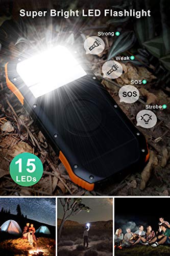 Hiluckey Cargador Solar Inalámbrico 16000mAh Power Bank Carga Rápida Cargador Portátil Batería Externa con 3 Salidas y Linternas para Smartphones Tabletas y Más