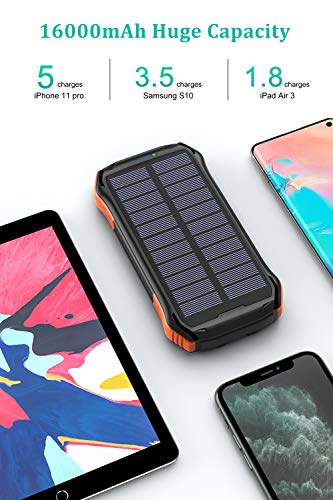 Hiluckey Cargador Solar Inalámbrico 16000mAh Power Bank Carga Rápida Cargador Portátil Batería Externa con 3 Salidas y Linternas para Smartphones Tabletas y Más