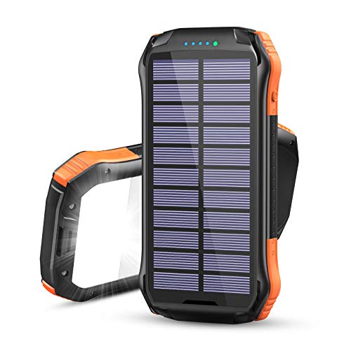Hiluckey Cargador Solar Inalámbrico 16000mAh Power Bank Carga Rápida Cargador Portátil Batería Externa con 3 Salidas y Linternas para Smartphones Tabletas y Más