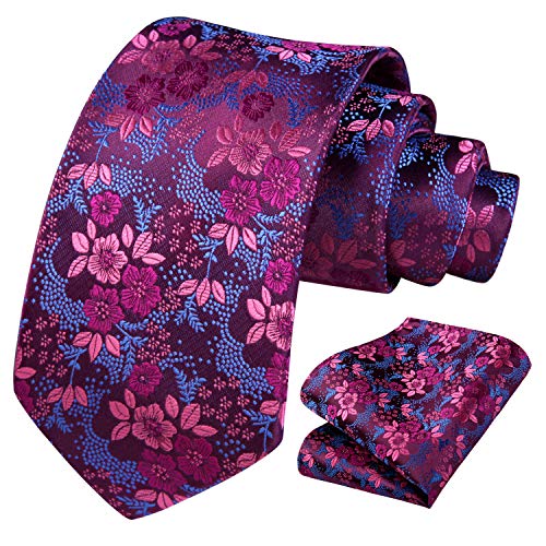 HISDERN Extra largo Floral Paisley lazo del panuelo Hombres Corbata & Plaza de bolsillo Conjunto Rosado azul