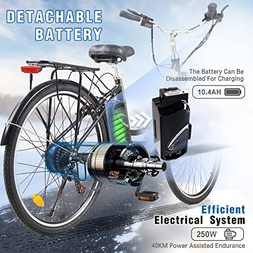 HITWAY Bicicleta eléctrica Urbana de 26 Pulgadas con Motor de 250 W, Caja de Cambios de 7 velocidades, Bicicletas eléctricas con batería de Litio extraíble de 36 V y 10,4 Ah 50 km