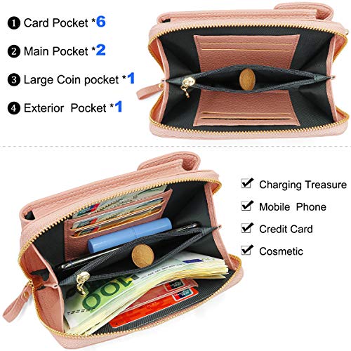 HNOOM Bolso de Teléfono Móvil para Mujer Cartera Movil Cuero PU Bolso para Movil y Cartera Pequeño Bolsa Bandolera con Ranuras para Tarjeta y Cremallera Billeteras de Mujer (Rosa)