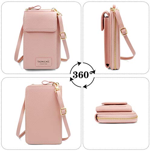 HNOOM Bolso de Teléfono Móvil para Mujer Cartera Movil Cuero PU Bolso para Movil y Cartera Pequeño Bolsa Bandolera con Ranuras para Tarjeta y Cremallera Billeteras de Mujer (Rosa)