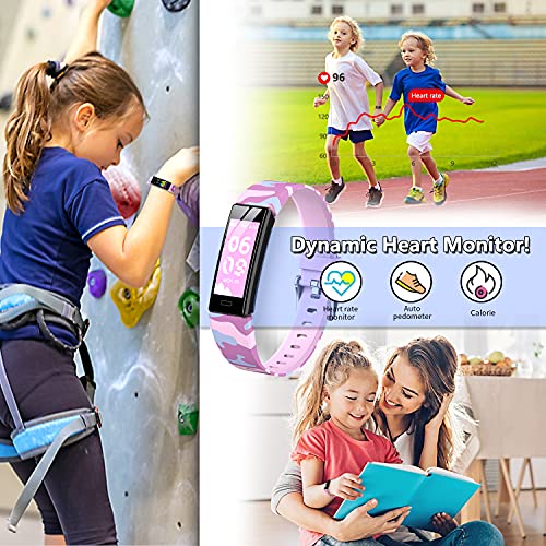 HOFIT Pulsera Actividad para Niños, Reloj Inteligente con Podómetros, Monitor de Frecuencia Cardíaca y Sueño, Cronómetro, Ip68 Resistente Pulsera Deportiva, Smartwatch con 2 Pulseras (Rosado-A)