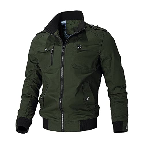 Hombres Chaqueta Primavera Otoño Chaqueta de algodón puro para hombres Estilo Stand Collar, Ejercito Verde, XXL