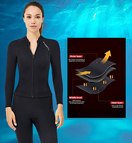 Hombres Mujeres Trajes de Neopreno Top, 2mm Chaqueta de Neopreno, Cremallera Frontal de Manga Larga UPF 50+ Duradero Ultra-elástica para Jóvenes Buceo Surf Esnórquel