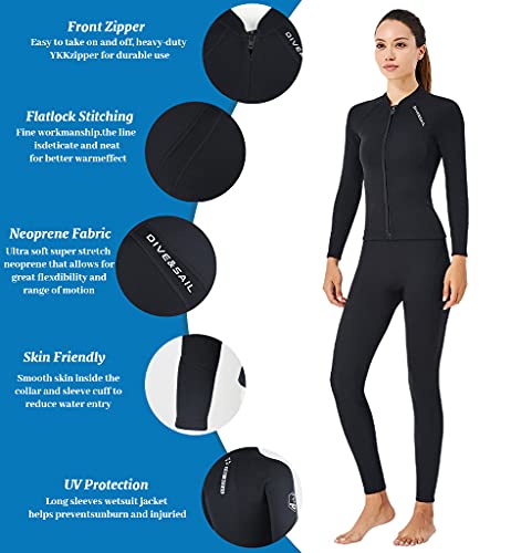 Hombres Mujeres Trajes de Neopreno Top, 2mm Chaqueta de Neopreno, Cremallera Frontal de Manga Larga UPF 50+ Duradero Ultra-elástica para Jóvenes Buceo Surf Esnórquel