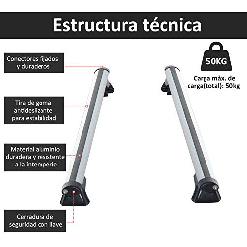 HOMCOM Barras de Techo Universales para Vehículos Bacas Portaequipajes Coche Automóvil con 125 cm Rieles de Aluminio y Cerradura Carga 50 kg Plata