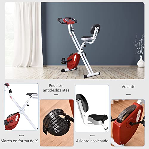 HOMCOM Bicicleta Estática para Ejercicios Profesional Bicicleta Vertical Plegable de Forma X con 8 Niveles Resistencia Magnética Asiento con Altura Ajustable Acero 43x97x109 cm Rojo