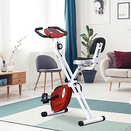 HOMCOM Bicicleta Estática para Ejercicios Profesional Bicicleta Vertical Plegable de Forma X con 8 Niveles Resistencia Magnética Asiento con Altura Ajustable Acero 43x97x109 cm Rojo