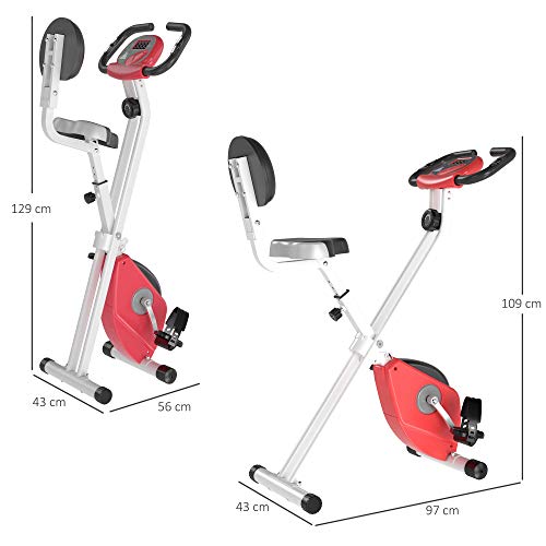 HOMCOM Bicicleta Estática para Ejercicios Profesional Bicicleta Vertical Plegable de Forma X con 8 Niveles Resistencia Magnética Asiento con Altura Ajustable Acero 43x97x109 cm Rojo