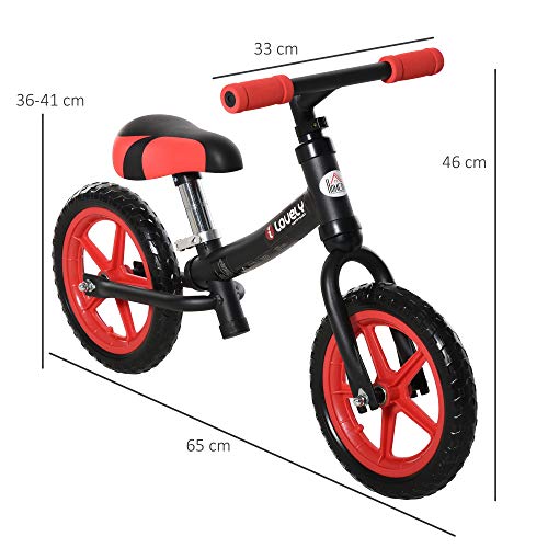 HOMCOM Bicicleta sin Pedales para Niños de +2 Años con Sillín Ajustable en Altura Neumáticos de EVA Carga Máx. 25 kg Metal 65x33x46 cm Negro