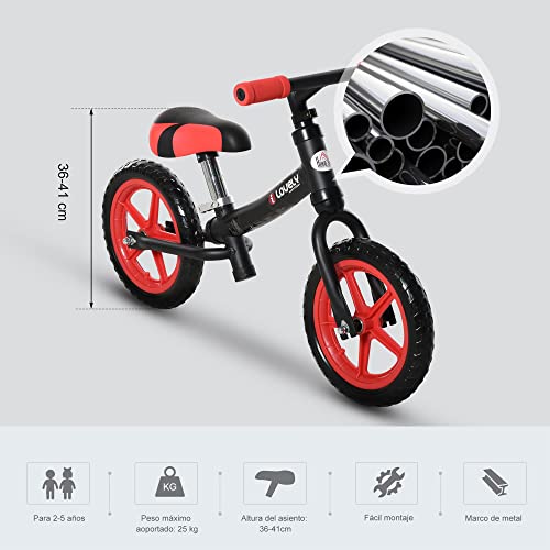 HOMCOM Bicicleta sin Pedales para Niños de +2 Años con Sillín Ajustable en Altura Neumáticos de EVA Carga Máx. 25 kg Metal 65x33x46 cm Negro