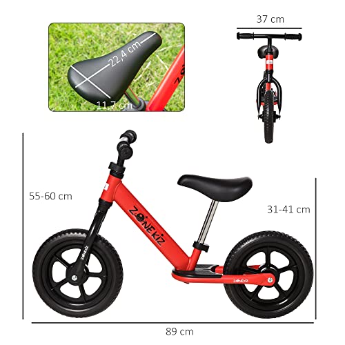 HOMCOM Bicicleta sin Pedales para Niños de +2 Años con Sillín y Manillar Ajustables Bicicleta de Equilibrio Infantil con Estructura de Acero 89x37x55-60 cm Rojo