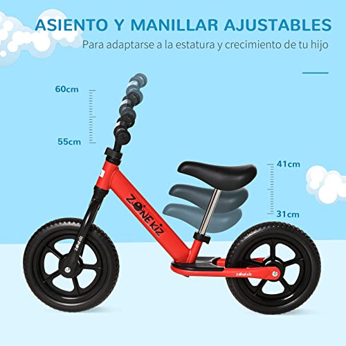 HOMCOM Bicicleta sin Pedales para Niños de +2 Años con Sillín y Manillar Ajustables Bicicleta de Equilibrio Infantil con Estructura de Acero 89x37x55-60 cm Rojo