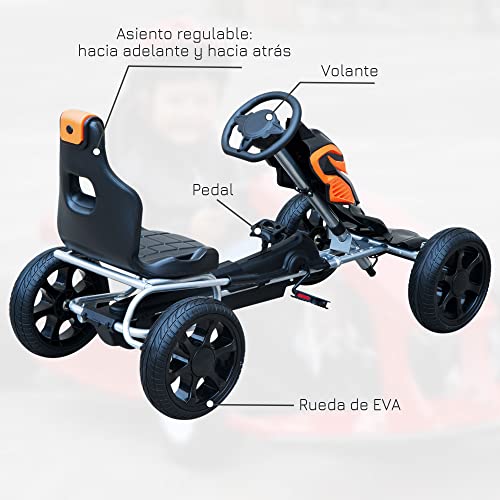 HOMCOM Go Kart Racing Deportivo Coche de Pedales para Niños +5 Años con Asiento Ajustable Embrague y Freno Ruedas de Goma 122x60x70cm Negro y Naranja