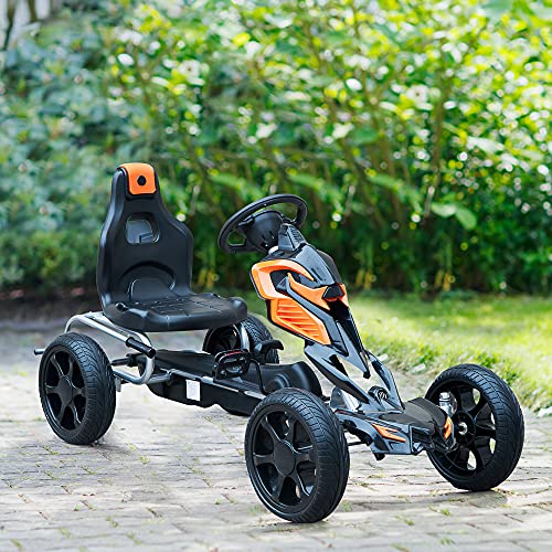 HOMCOM Go Kart Racing Deportivo Coche de Pedales para Niños +5 Años con Asiento Ajustable Embrague y Freno Ruedas de Goma 122x60x70cm Negro y Naranja