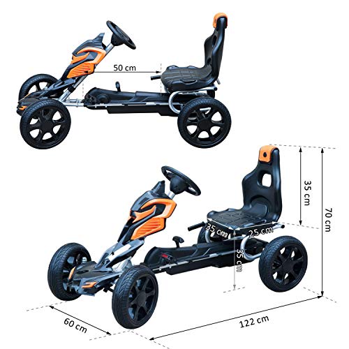 HOMCOM Go Kart Racing Deportivo Coche de Pedales para Niños +5 Años con Asiento Ajustable Embrague y Freno Ruedas de Goma 122x60x70cm Negro y Naranja