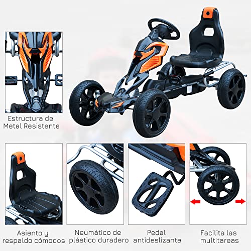 HOMCOM Go Kart Racing Deportivo Coche de Pedales para Niños +5 Años con Asiento Ajustable Embrague y Freno Ruedas de Goma 122x60x70cm Negro y Naranja