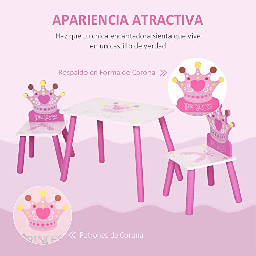 HOMCOM Juego de Mesa y 2 Sillas Infantiles de Madera Set de Mesa de Escritorio 55x34x42 cm y Sillas 28x26x50 cm para Niños + 3 Años para Salas de Juego Dormitorio de Niño Rosa