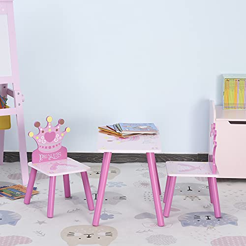 HOMCOM Juego de Mesa y 2 Sillas Infantiles de Madera Set de Mesa de Escritorio 55x34x42 cm y Sillas 28x26x50 cm para Niños + 3 Años para Salas de Juego Dormitorio de Niño Rosa