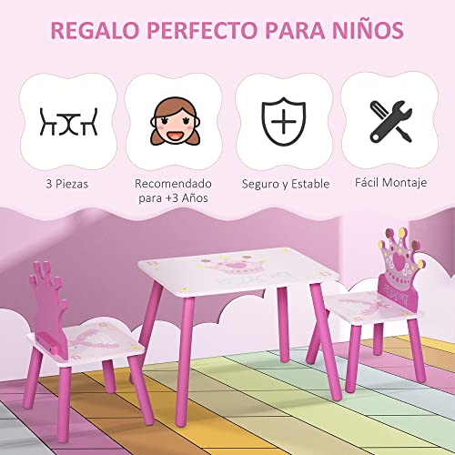 HOMCOM Juego de Mesa y 2 Sillas Infantiles de Madera Set de Mesa de Escritorio 55x34x42 cm y Sillas 28x26x50 cm para Niños + 3 Años para Salas de Juego Dormitorio de Niño Rosa